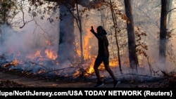 A morning jogger gestures as he runs past a fire lit by members of the New Jersey Forest Fire Service as part of back burning efforts alongside Palisades Interstate Parkway in Englewood Cliffs, New Jersey, Nov. 8, 2024. 