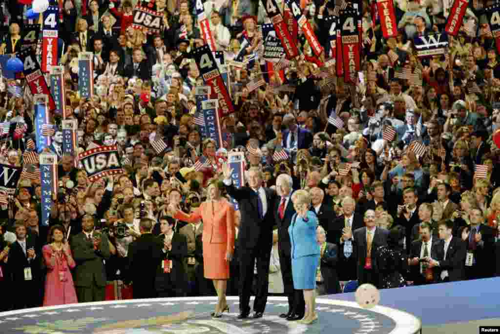FILE - From left, first lady Laura Bush, President George W. Bush, Vice President Dick Cheney with wife Lynne Cheney wave after Bush addressed the 2004 Republican National Convention, at Madison Square Garden in New York, Sept. 2, 2004. Bush and Cheney were renominated.