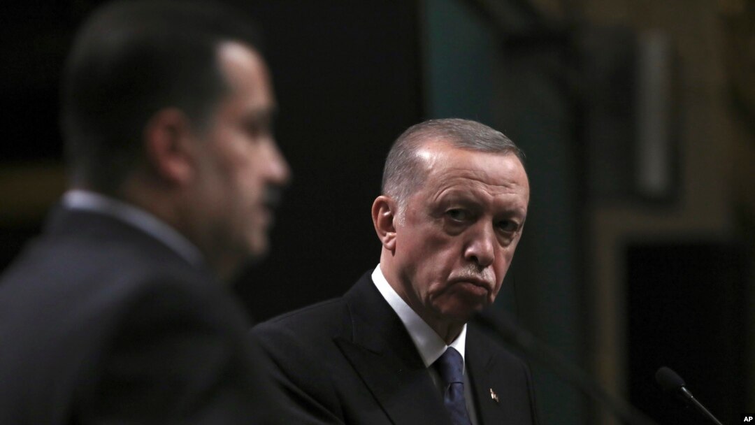 FILE - Turkey's President Recep Tayyip Erdogan, right, and Iraq's Prime Minister Mohammed Shia al-Sudani speak to the media after their talks, in Ankara, Turkey, March 21, 2023. Erdogan was set to make his first official visit to Iraq in more than a decade on April 22, 2024. 