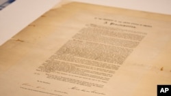 This updated handout photo provided by the Abraham Lincoln Presidential Library and Museum on June 8, 2021 shows a signed copy of Emancipation Proclamation. 