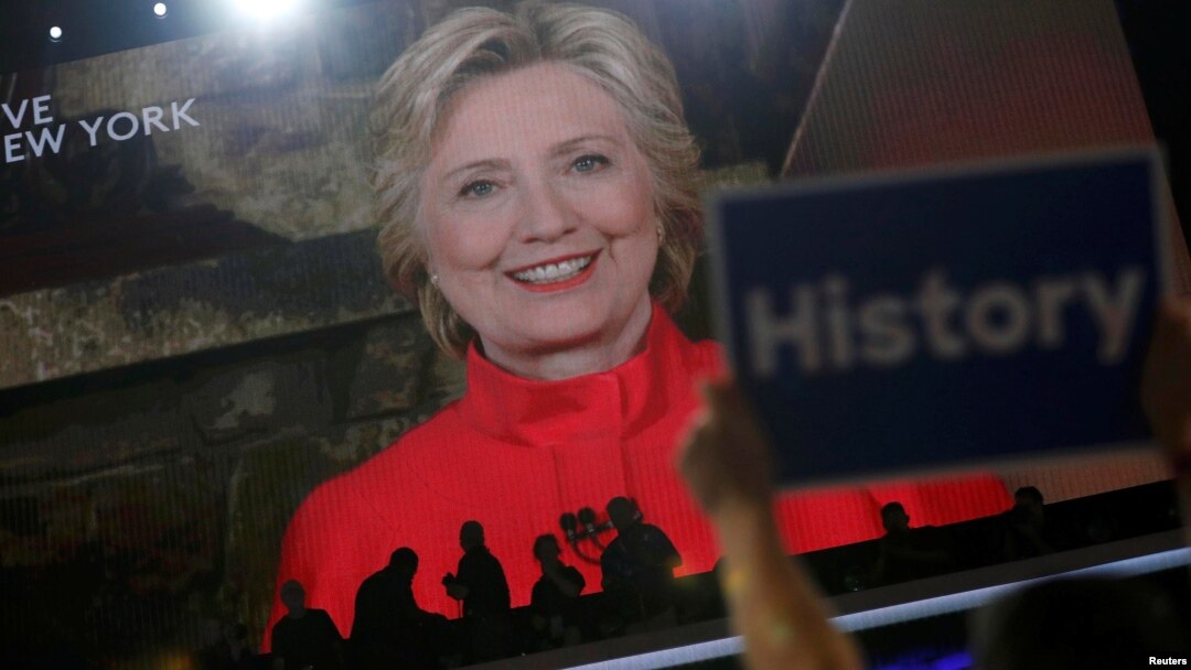 FILE - Democratic presidential nominee Hillary Clinton addresses the Democratic National Convention via a live video feed from New York during the second night at the Democratic National Convention in Philadelphia, Pennsylvania, July 26, 2016. 