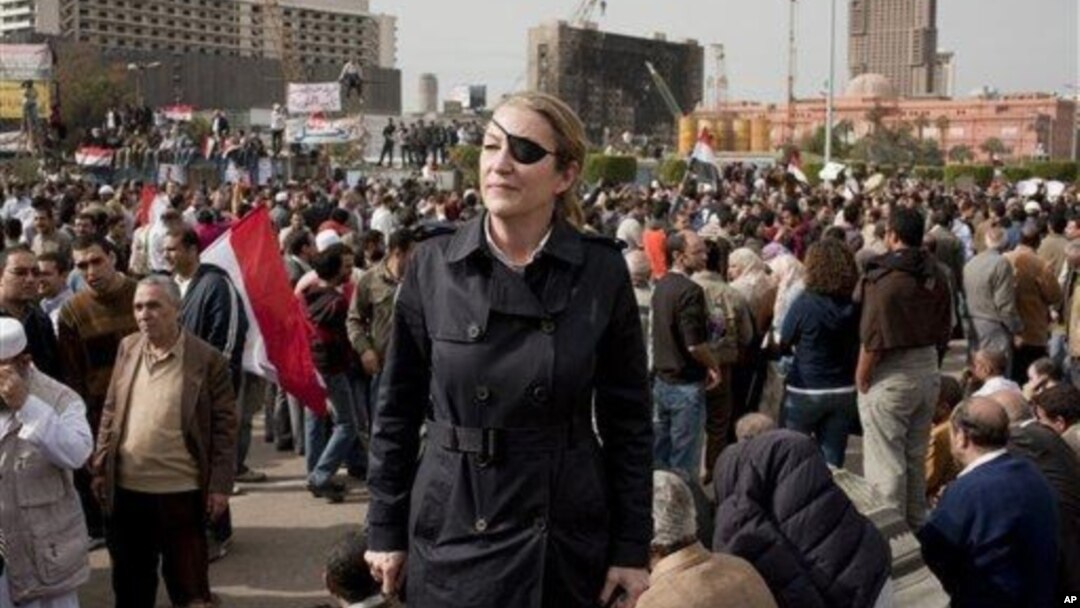 War correspondent Marie Colvin, photographed here in Tahrir square in Cairo, was killed in Syria in 2012. (AP/Ivor Prickett Sunday Times)