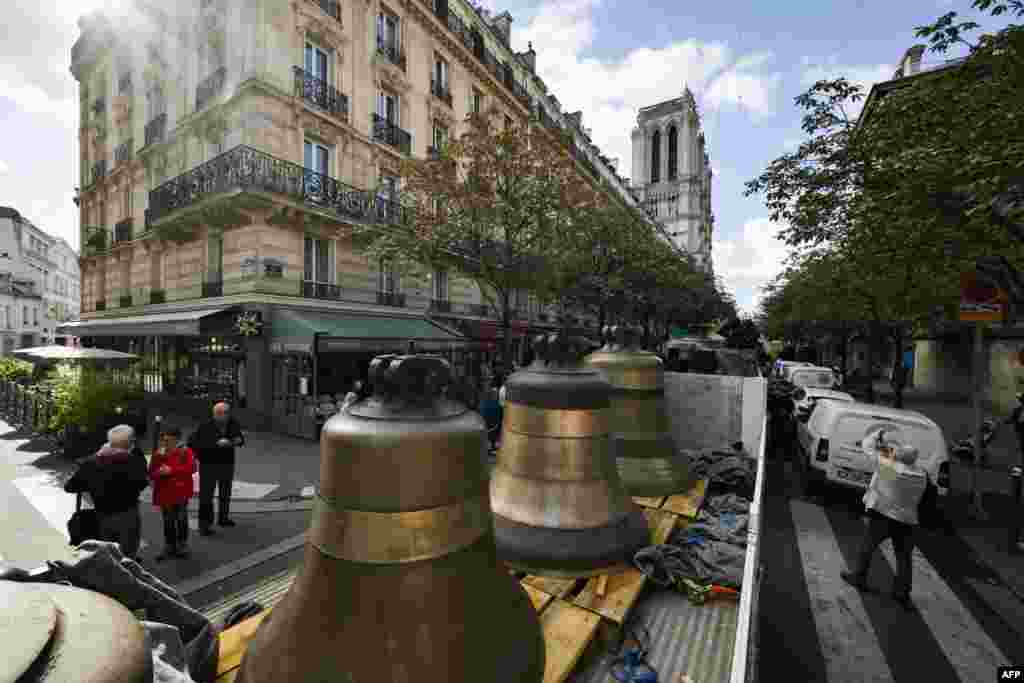 Eight bells of the north belfry of Notre-Dame de Paris cathedral arrive in central Paris, less than three months before the cathedral reopens.&nbsp;