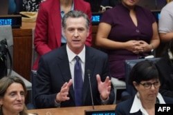 FILE - California Governor Gavin Newsom speaks at the UN Climate Ambition Summit on the sidelines of the 78th United Nations General Assembly at UN headquarters in New York City on September 20, 2023.