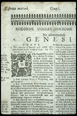 Page from the bible translated into the Wampanoag language Wopanaak by missionary John Eliot in 1663. This and other old documents have helped the Wamponoag reclaim their language.