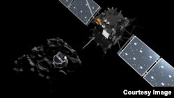 Ảnh vẽ cho thấy tàu thăm dò Philae tách ra từ tàu mẹ Rosetta và hạ xuống bề mặt Sao chổi 67P/Churyumov-Gerasimenko.