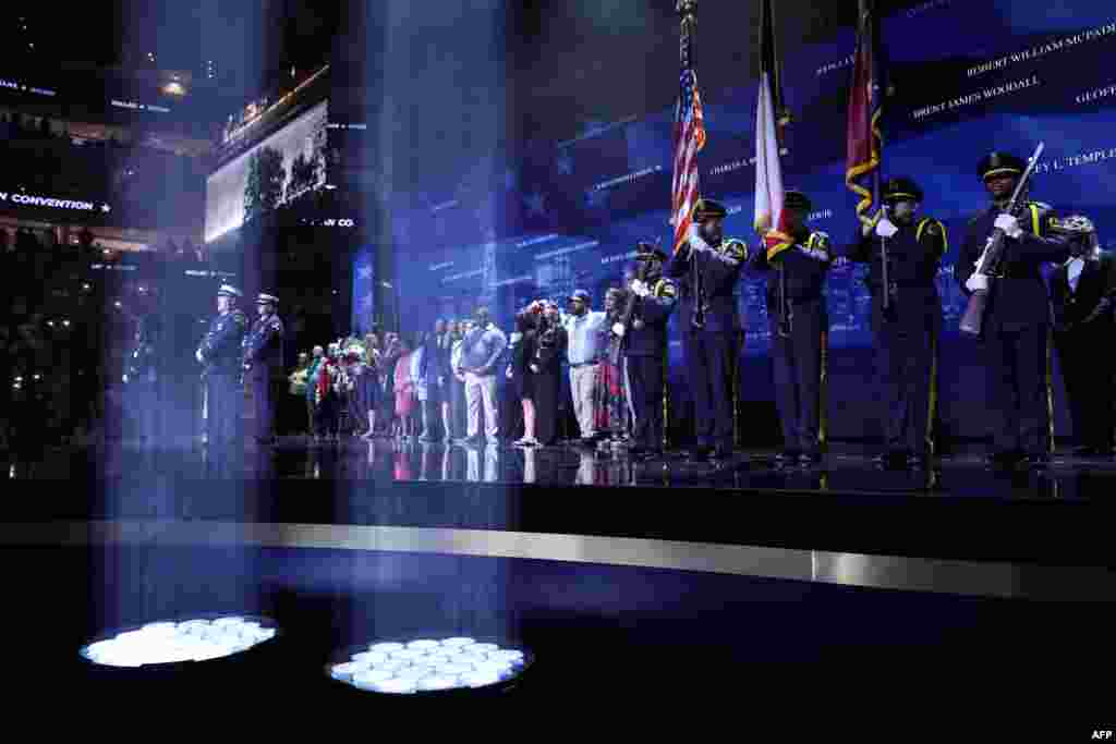 A tribute to mark the anniversary of the 9/11 attacks is displayed during the second day of the Republican National Committee midterm convention at the American Airlines Center in Dallas, Texas on September 10, 2026.