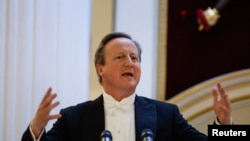 FILE - Britain's Foreign Secretary David Cameron delivers a speech during the annual Lord Mayor's Easter Banquet at Mansion House in London, May 9, 2024