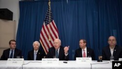 U.S. Senator Patrick Leahy of Vermont, center, speaks during a press conference alongside Senator Tom Udall of New Mexico, second from right, Senator Thad Cochran of Minnesota, second from left, Senator Michael Bennet of Colorado, far left and U.S. Congressman Jim McGovern of Massachusetts, far right, at the U.S. embassy in Havana, Cuba, Feb. 22, 2017. 