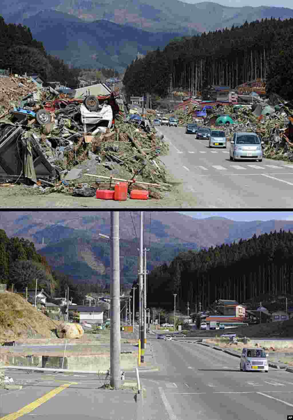 This combination of pictures shows a tsunami hit area of Rikuzentakata, Iwate prefecture on March 22, 2011 (top) and the same area on January 15, 2012 (bottom). (AFP)