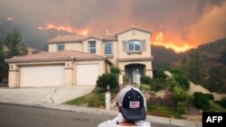 Seorang pria mengamati kebakaran hutan yang berkobar mendekati rumahnya di Lake Elsinore, California, Kamis (9/8). Kebakaran hutan ini telah menjadi kebakaran terbesar dalam sejarah California.