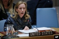 FILE - Then-U.N. Deputy Ambassador from U.S. Kelley Currie addresses the United Nations Security Council meeting at U.N. headquarters, April 17, 2018.