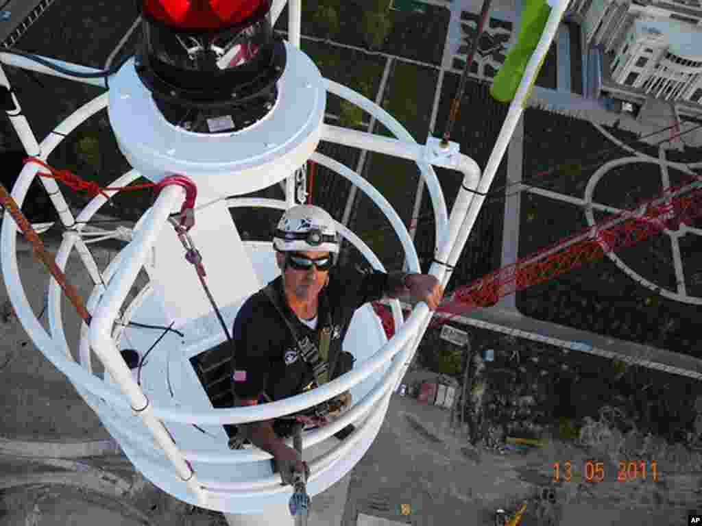 David Chambers on the world's tallest flagpole in Dushanbe, Tajikistan, May 13, 2011. Photo courtesy of David Chambers.