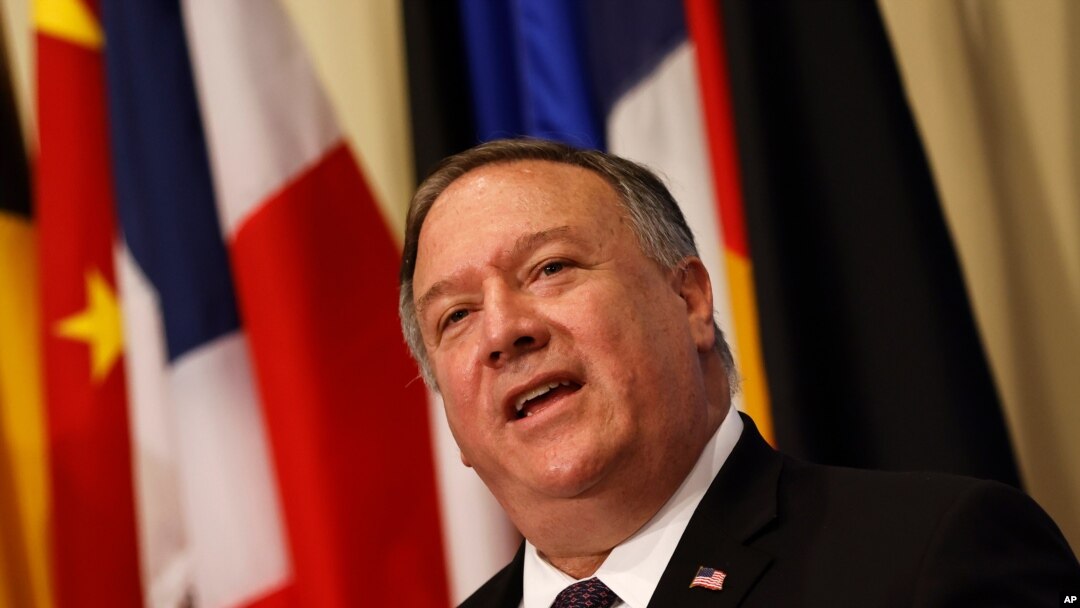 Secretary of State Mike Pompeo speaks to reporters at the United Nations, Aug. 20, 2020.