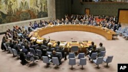 FILE - Members of the United Nations Security Council vote on a resolution during a meeting at U.N. headquarters, Feb. 28, 2019.