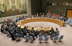 FILE - Members of the United Nations Security Council vote on a resolution during a meeting at U.N. headquarters, Feb. 28, 2019.