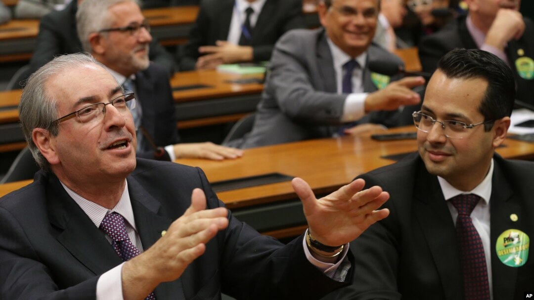 The speaker of Brazil's lower house of Congress Eduardo Cunha, speaks during an executive meeting of the Democratic Movement Party (PMDB), at the National Congress, in Brasilia, March 29, 2016.