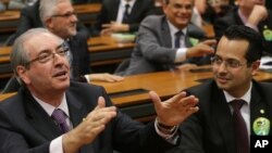 The speaker of Brazil's lower house of Congress Eduardo Cunha, speaks during an executive meeting of the Democratic Movement Party (PMDB), at the National Congress, in Brasilia, March 29, 2016.