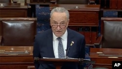 FILE — In this image from video provided by Senate TV, Senate Majority Leader Chuck Schumer, D-N.Y., speaks on the Senate floor at the Capitol in Washington, March 14, 2024. 