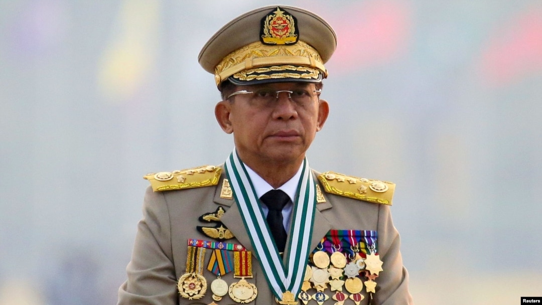 FILE PHOTO: Myanmar's junta chief Senior General Min Aung Hlaing, who ousted the elected government in a coup, presides at an army parade on Armed Forces Day in Naypyitaw, Myanmar, March 27, 2021. 