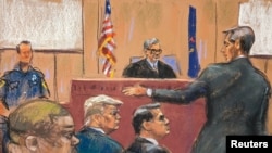 Mantan Presiden AS Donald Trump tampak hadiri di pengadilan di New York dalam gambar sketsa di ruang sidang, Senin 22 April 2024. 