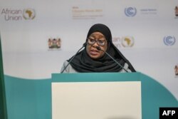 Tanzanian President Samia Suluhu Hassan delivers her remarks during the Africa Climate Summit 2023 at the Kenyatta International Convention Centre (KICC) in Nairobi on September 5, 2023.