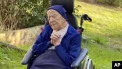 This photo provided by the Sainte-Catherine Laboure care home communications manager shows Lucile Randon, Sister Andre's birth name, in Toulon, southern France, Wednesday, Feb. 10, 2021. (Sainte-Catherine Laboure care home/ David Tavella via AP)