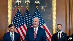 FILE - Majority Whip Tom Emmer, R-M.N., speaks during a press conference with House Republican and families of hostages being held in Gaza at the Capitol in Washington on November. 7, 2023