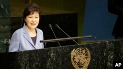 Korean President Park Geun-hye addresses the 70th session of the United Nations General Assembly at U.N. headquarters, Monday, Sept. 28, 2015.