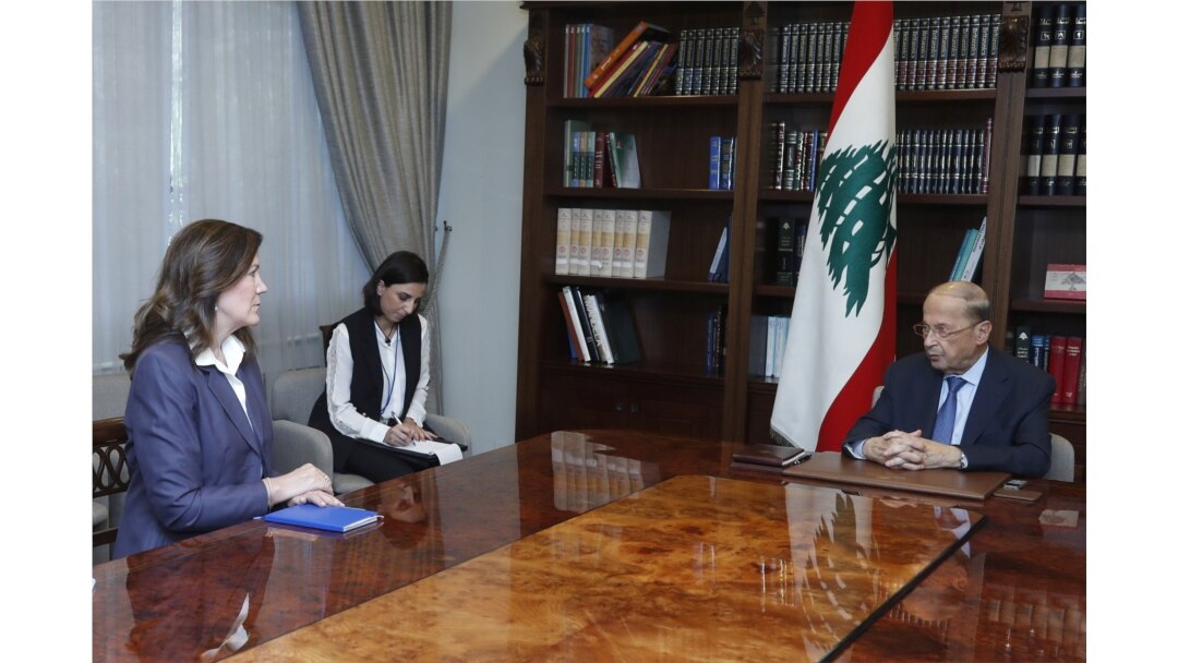 Lebanon's President Michel Aoun meets with U.S. Ambassador to Lebanon Dorothy Shea, at the presidential palace in Baabda, Lebanon, Aug. 16, 2021.