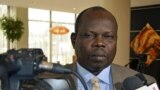 FILE - Pagan Amum, pictured speaking to reporters in Addis Ababa, May 31, 2012, says his South Sudan Reborn plan is aimed at ending violence via a U.N. takeover of the country.