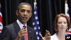 Presidente americano Barack Obama durante uma conferência de imprensa conjunta com a primeira-ministra da Austrália, Julia Gillard