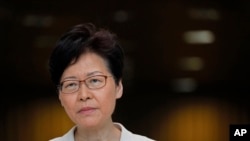 Kepala Eksekutif Hong Kong, Carrie Lam, dalam konferensi pers di Hong Kong, Selasa, 27 Agustus 2019.