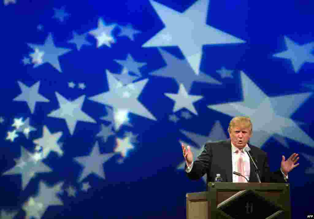 April 28: Television personality Donald Trump speaks to a group of Republican organizations at the Treasure Island hotelin Las Vegas, Nevada. Trump said he is seriously weighing a presidential run. (REUTERS/Las Vegas Sun/Steve Marcus)