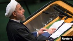 Presiden Iran Hassan Rouhani memberikan pidato pada Sidang Umum PBB di New York, Kamis (25/9).