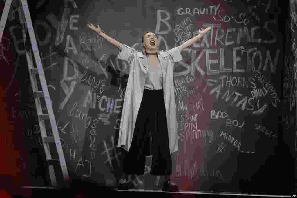 Dihaj from Azerbaijan performs the song "Skeletons" during the Final for the Eurovision Song Contest, in Kyiv, Ukraine, May 13, 2017.
