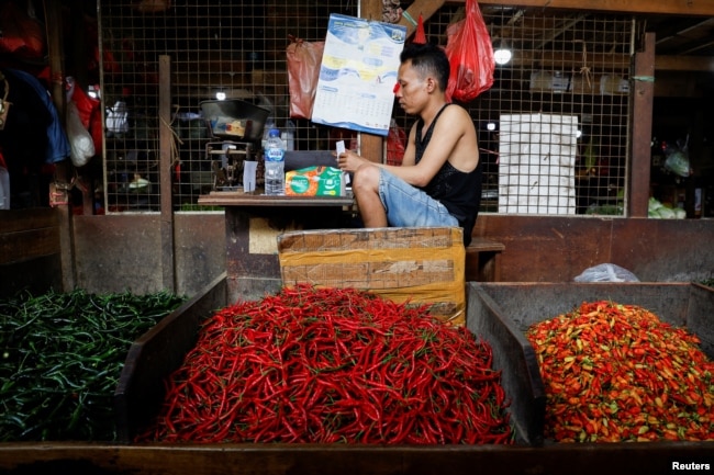 Seorang pedagang cabai menunggu pembeli di pasar tradisional, di Jakarta, 1 Oktober 2024. (Willy Kurniawan/REUTERS)