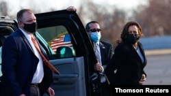 U.S. Vice President Kamala Harris arrives at Tweed-New Haven Airport, Connecticut, March 26, 2021.