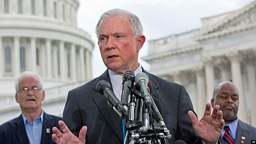 Sen. Jeff Sessions, speaks at a news conference hosted by the Tea Party Patriots to oppose the Senate immigration reform bill, June 20, 2013, on Capitol Hill in Washington.