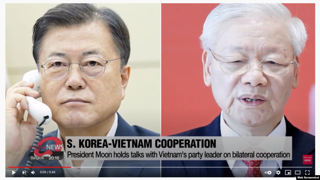 Arirang News loan tin Tổng thống Hàn Quốc Moon Jae-in và Tổng bí thư Việt Nam Nguyễn Phú Trọng điện đàm, 15/7/2021. Photo Arirang News via YouTube.