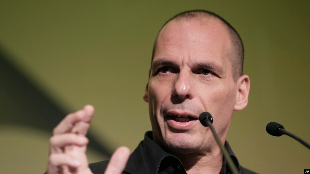 Menteri Keuangan Yunani Yanis Varoufakis berpidato dalam konferensi economi di Athena, 14 Mei 2015. 