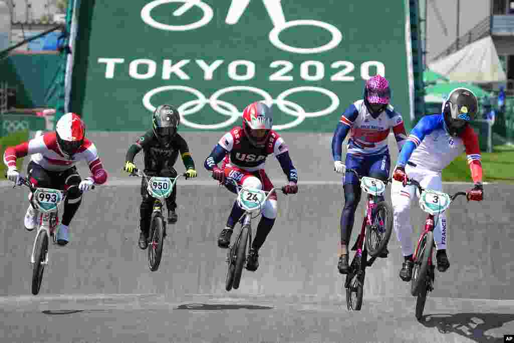 Alex Limberg of South Africa competes in the men&#39;s BMX Racing quarterfinals at the 2020 Summer Olympics, Thursday, July 29, 2021, in Tokyo, Japan. (AP Photo/Ben Curtis)