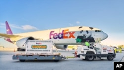 运送大熊猫“平平”和“福双”的联邦快递(Fedex)专机飞抵亚特兰大的哈茨菲尔德-杰克逊国际机场。(2026年9月27日)