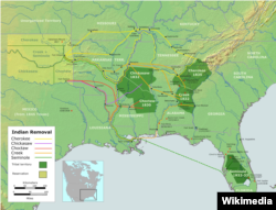 Map of the route of the Trails of Tears — depicting the route taken to relocate Native Americans from the Southeastern United States to Indian Territory (present-day Oklahoma) between 1836 and 1839. Wikipedia.