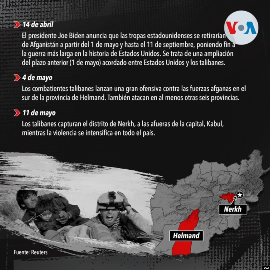 14 de abril: El presidente Joe Biden anuncia la retirada de las tropas estadounidenses en Afganist&#225;n. Semanas m&#225;s tarde, el talib&#225;n lanza una gran ofensiva para recuperar al menos siete importantes provincias. 