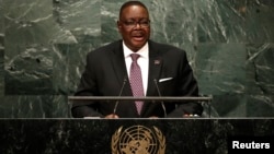 FILE - Malawi President Peter Mutharika, shown addressing the United Nations General Assembly in New York, Sept. 20, 2016, offered his country answers to its food shortage during a speech to the nation, Nov. 21, 2016.