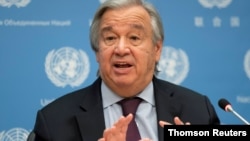 안토니우 구테흐스 유엔 사무총장이 지난달 뉴욕 유엔본부에서 기자회견을 했다.