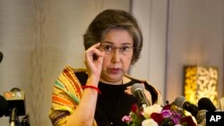 Yanghee Lee, UN Human Rights Special Rapporteur to Myanmar, listens question from journalist during a press briefing at a hotel Friday, July 21, 2017, in Yangon, Myanmar. Lee concluded her twelve days trip to Myanmar on Friday. 