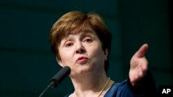 FILE - The World Bank CEO Kristalina Georgieva speaks during the forum Frontiers in Anticorruption at the World Bank/IMF annual spring meeting in Washington, April 18, 2018.