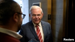 FILE - Lawyers for U.S. Senator Bob Menendez, shown here speaking to reporters in Washington on Sept. 28, 2023, sought to dismiss bribery and other federal charges against him on Jan. 10, 2024.